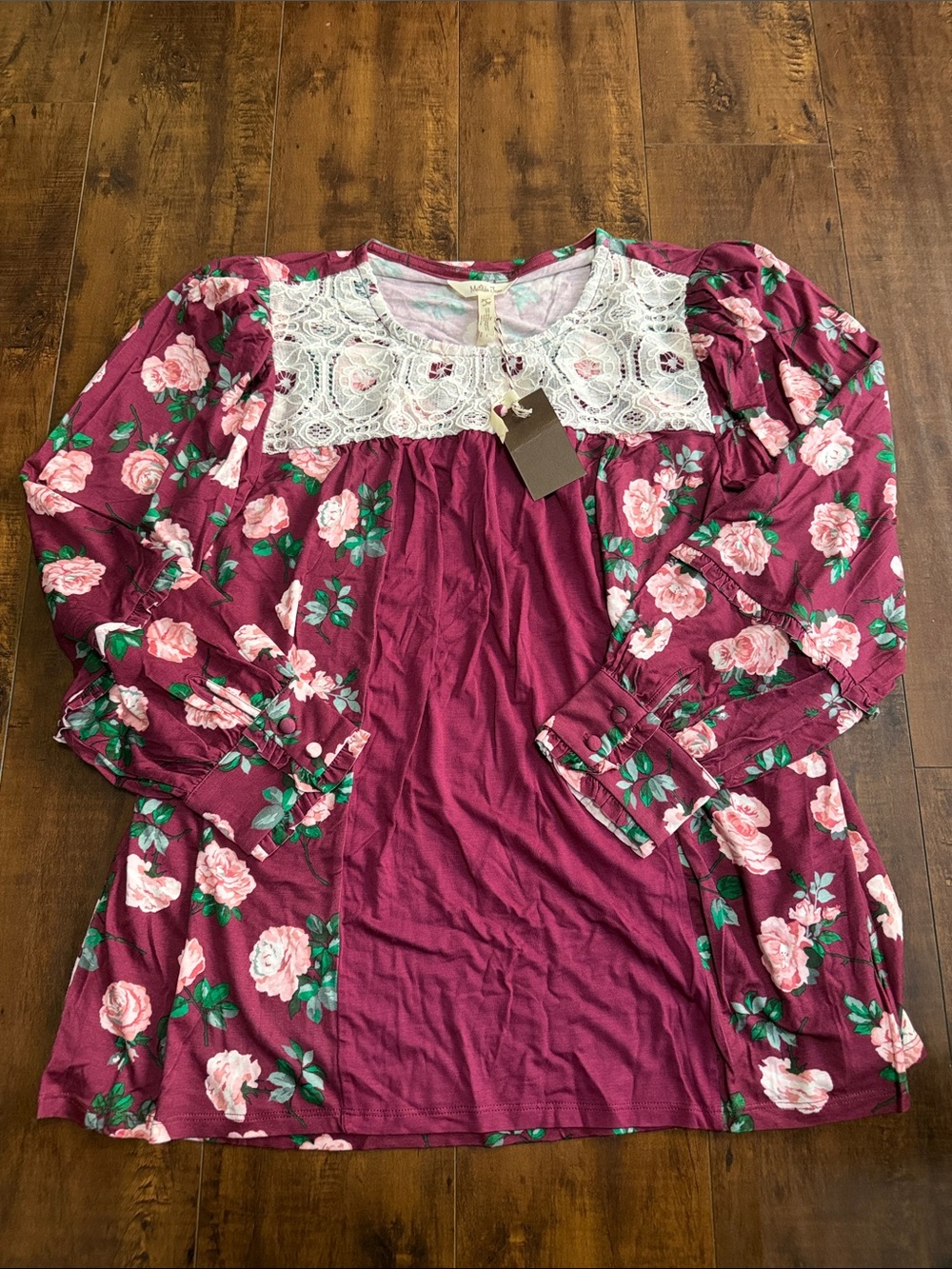 Matilda Jane Burgundy Floral Lace-Yoke Blouse